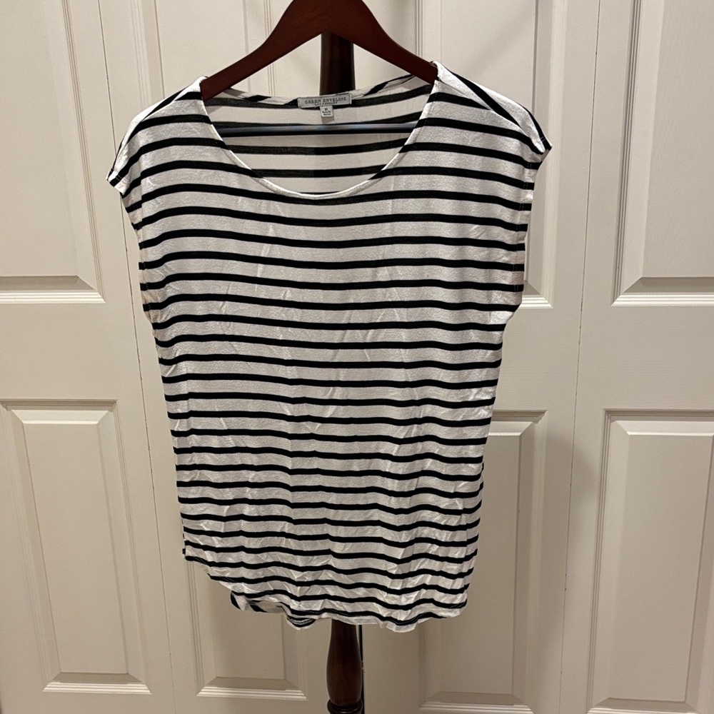 Green Envelope Black and White Striped Capped Sleeve Tee